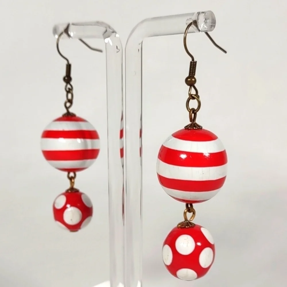 Handmade Red and White Wood Bead Fishhook Post Earrings